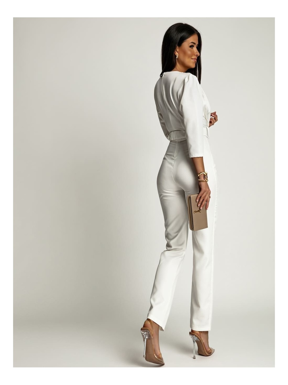 Elegant jumpsuit with a pleated top, white AZR248040